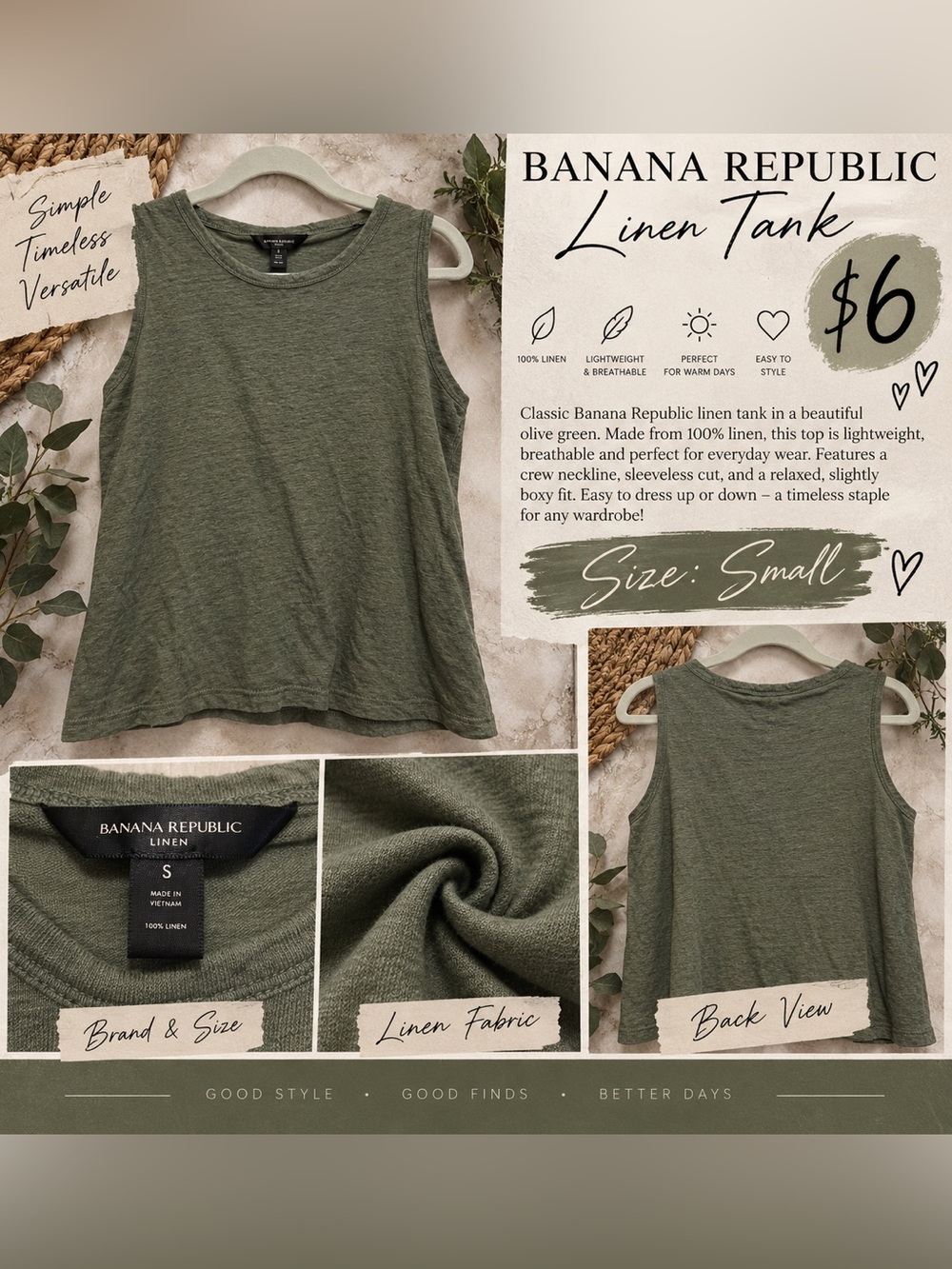 Banana Republic Olive Green Linen Sleeveless Tank